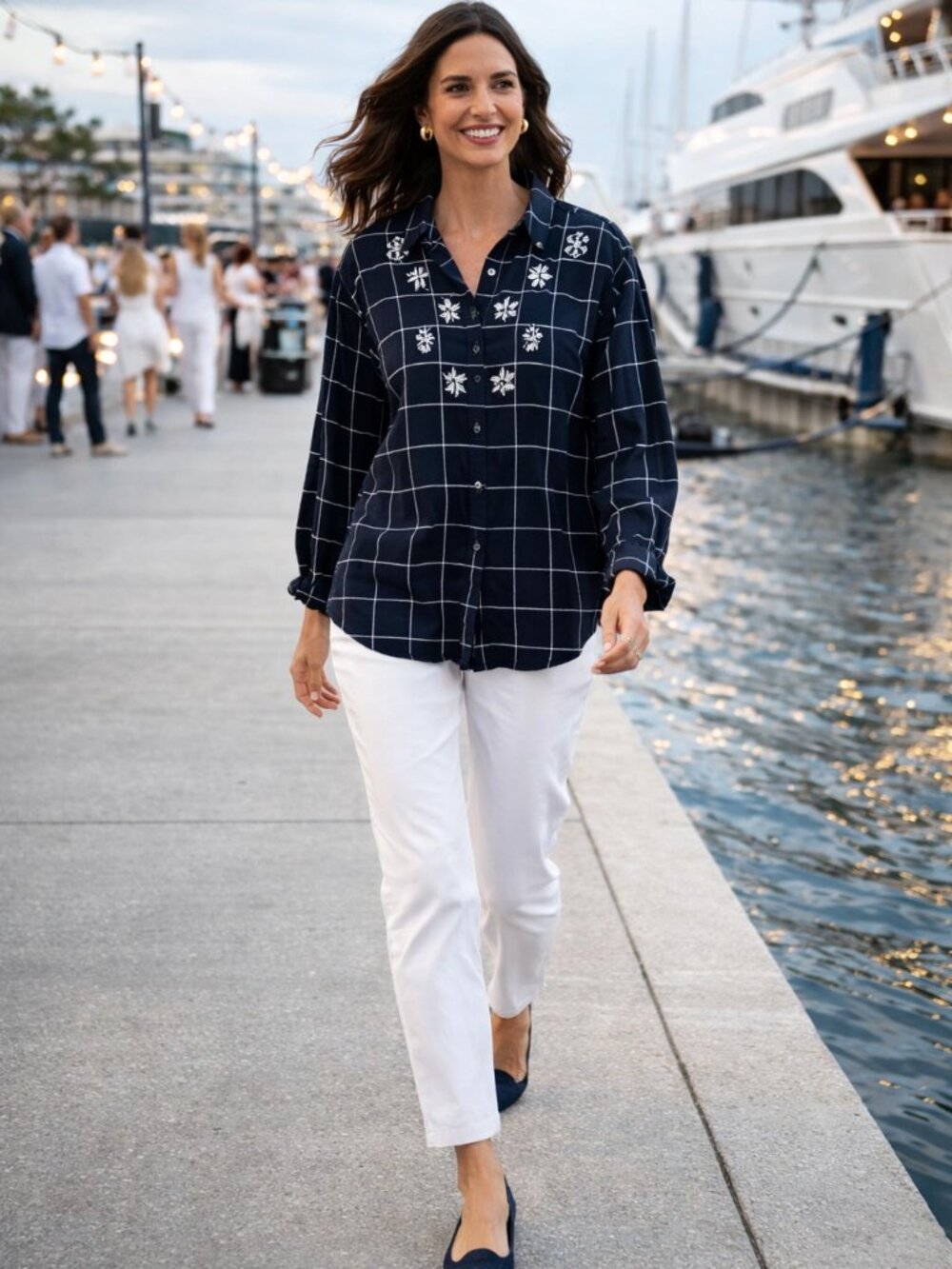 Women 3X‎ Blue Plaid Nautical Floral Western Party Academia Preppy Resort Shirt